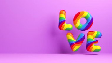 LGBTQIA + Gurur Ayı ve 3 boyutlu animasyonda aşk çeşitliliğini kutlamak için mor arkaplan üzerinde gökkuşağı renklerinde 