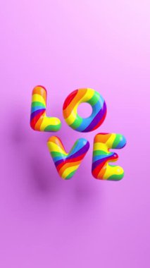 Sosyal medya paylaşımı için LGBTQIA + Gurur Ayı ve 3 boyutlu animasyonda aşk çeşitliliğini kutlamak için mor arkaplan üzerinde gökkuşağı renklerinde 