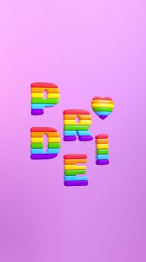 Sosyal medya paylaşımı için LGBTQIA + Gurur Ayı ve 3 boyutlu animasyondaki aşk çeşitliliğini kutlamak için mor zemin üzerinde 