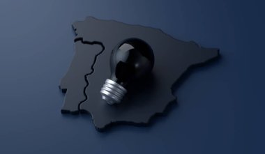 Valencia, İspanya - Nisan 2025 İspanya ve Portekiz ulusal bilinç kaybı yaşıyor. İspanya ve Portekiz 'in karanlık bir haritasında, elektrik kesintisi ya da enerji krizini sembolize eden karartılmış ampul var.