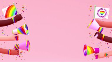 Çoklu etnik şenlik elleri, bayraklar, megafonlar ve üç boyutlu animasyonlarla dolu gurur videosu. LGBTQIA + Gurur ayı ve aşk çeşitliliği kutlamaları