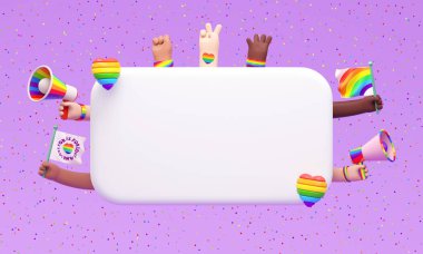 Boş mesaj kutusu, bayrak ve megafonla dolu neşeli elleri ve 3D resimli Mutlu Gurur afişleri tasarımı. LGBTQIA + Gurur ayı ve aşk çeşitliliği kutlamaları