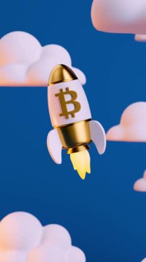 Bitcoin BTC, Ay 'a uçan bir roketin içindeki kripto para birimini ezer, sosyal medya için 3D animasyonda sonsuz video. Bitcoin ve kripto para biriminin artan değer veya büyüme potansiyelini temsil eder