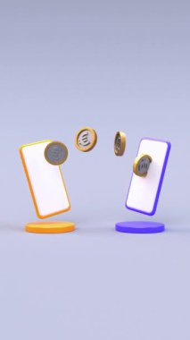 Euro sikkeleri iki cep telefonu arasında sosyal medya döngüsü videosu, kablosuz gönderme ve para alma. Çevrimiçi bankacılık ödeme uygulaması, elektronik para konsepti 3D animasyon