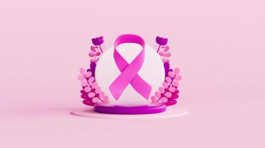 Göğüs kanseri farkındalığı videosu pembe kurdeleli, dekoratif yapraklı ve çiçekli ve yumuşak pembe arkaplanlı 3D animasyon. Pembe Ekim için destek ve farkındalık