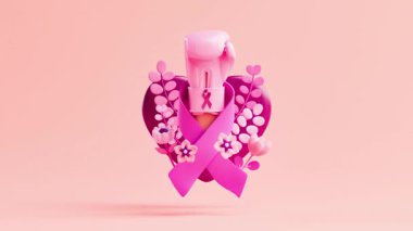 Göğüs kanseri farkındalığı videosu pembe boks eldiveni, pembe kurdele, kalp ve dekoratif çiçekler ve yumuşak pembe arka planda 3D animasyon. Pembe Ekim için destek ve farkındalık