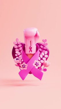 Meme kanseri farkındalığı videosu sosyal medya için pembe boks eldiveni, pembe kurdele, kalp ve dekoratif çiçekler ve yumuşak pembe arka planda 3D animasyon.