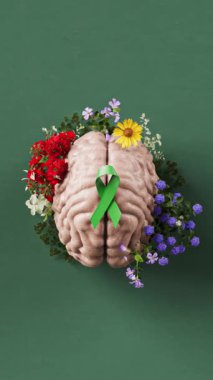 Beyni renkli çiçeklerle süslenmiş bir beyin, yeşil kurdele ve kopyalama alanı, zihinsel terapi farkındalığı, 3 boyutlu animasyondaki farkındalık konsepti ile sosyal medya için Ruh Sağlığı döngüsü videosu