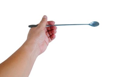Hand holding a long tail spoon on white background.