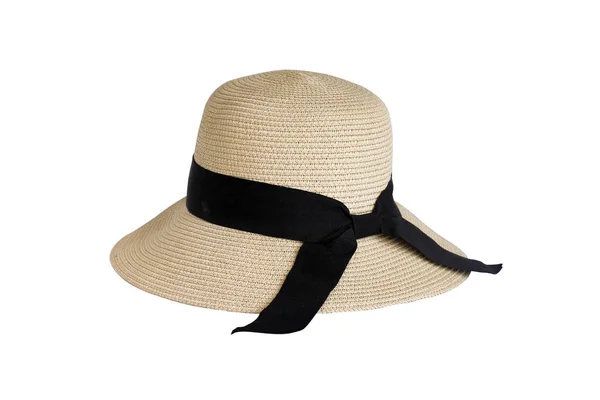 Bonito Chapéu Verão Com Fita Preta Isolado Branco — Fotografia de Stock
