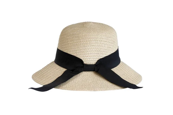 Όμορφο Καλοκαιρινό Καπέλο Μαύρη Κορδέλα Απομονωμένο Λευκό — Φωτογραφία Αρχείου