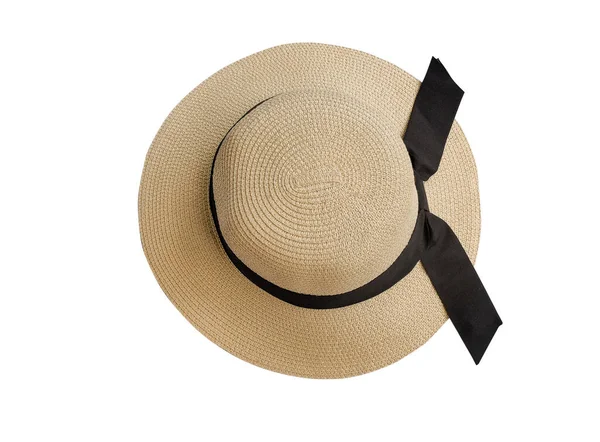 Hermoso Sombrero Verano Con Cinta Negra Aislado Blanco — Foto de Stock