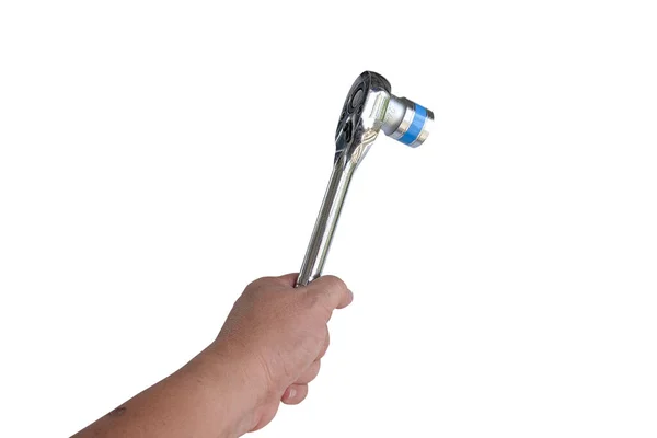 Mão Segurar Uma Ferramenta Mecânica Chave Soquete Com Bloco Metal — Fotografia de Stock