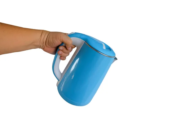 Hand Hold Electric Kettle Boiling Water White Background Clipping Path — Stock Photo, Image