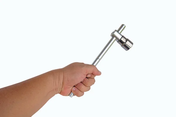 Χέρι Κρατήστε Ένα Κομμάτι Μέταλλο Για Wrench Clipping Υποδοχή Διαδρομή — Φωτογραφία Αρχείου