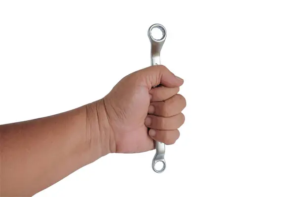 Χέρι Κρατά Ένα Κλειδί Που Απομονώνεται Λευκό Φόντο — Φωτογραφία Αρχείου