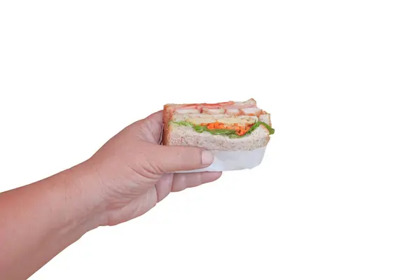 Sanduíche Com Presunto Queijo Tomate Pão Torrado Mão — Fotografia de Stock