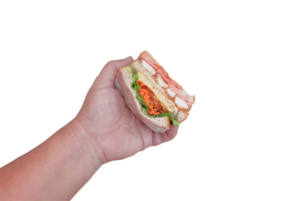 Sandwich Mit Schinken Käse Tomaten Und Toastbrot Der Hand — Stockfoto