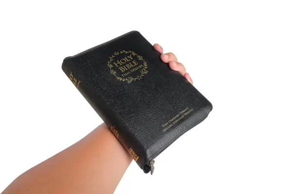 Böcker Bibeln Handen White Clipping Väg — Stockfoto