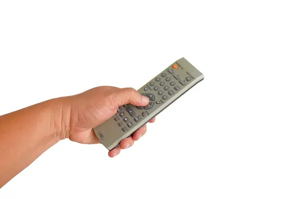Ręczne Trzymanie Telewizor Zdalnego Sterowania Białym Tle — Zdjęcie stockowe