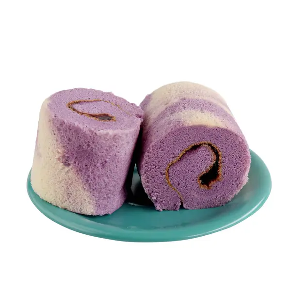 stock image Sweet roll blueberry cake with slice, isolated on white background.