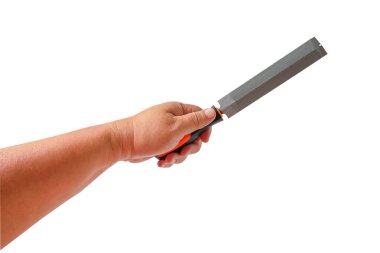 Beyaz arka planda kauçuk saplı düz çelik bir dosya tut.