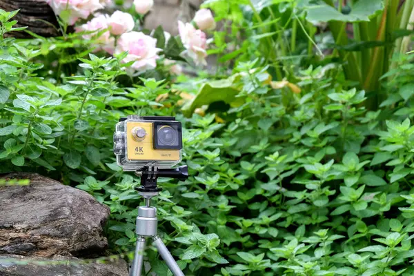Bahçedeki kayanın üzerinde su geçirmez çantalı aksiyon kamerası..