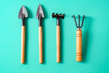 Renkli arka planda bahçıvanlık araçları. Üst görünüm,