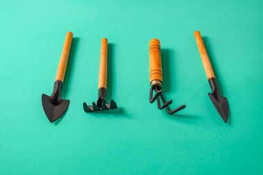 Renkli arka planda bahçıvanlık araçları. Üst görünüm,