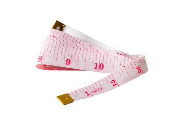 Beyaz arka planda şerit ölçüyorum. Ağırlık veya uzunluk kavramı.