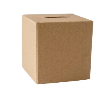 Beyaz zemin üzerinde küçük kahverengi kutu veya karton kutu