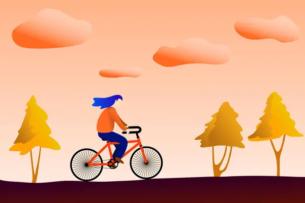 woman riding an orange bicycle alone at sunset with a cloud and tree. sport relax outdoor recreation concept. vector illustration background.