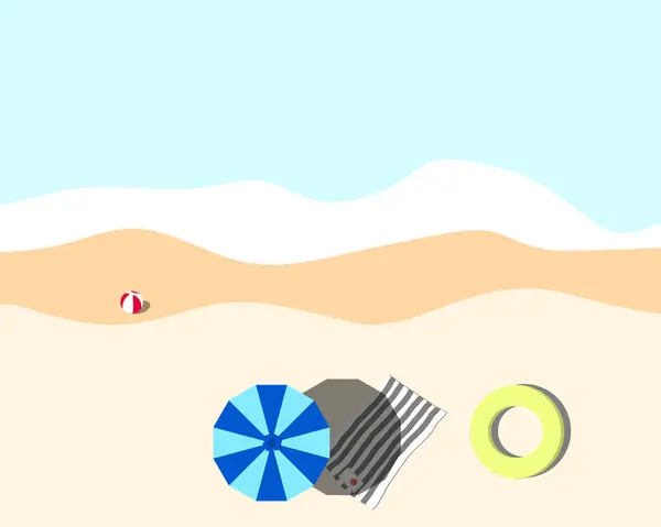Beach Sea Umbrella Swim Ring Ball People Summer Flat Lay — 图库矢量图片