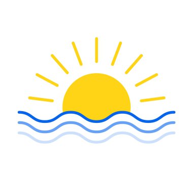 Su okyanusu üzerinde gün doğumu ya da gün batımı. İnsanların beyaz arka planı yok. Vektör çizimi. logo ve klipsleme sanatı.