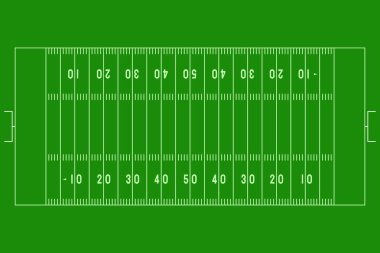 Amerikan futbol sahasının tam manzarası, spor sahasının yeşil rengi arteryel görüş alanı. Hiç kimse. Spor geçmişi NFL ve Super Bowl konsepti. Dijital grafikler, posterler ve olay afişleri için ideal. 
