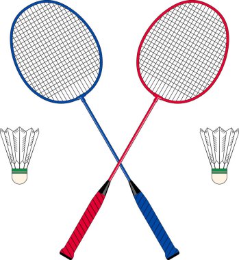 İki çapraz badminton raketinin vektör çizimi, biri kırmızı ve biri mavi, her iki tarafta da iki mekik horozu var. Spor temaları, badminton turnuvaları ya da eğitimle ilgili grafikler için ideal. Şeffaf arkaplanda izole. 
