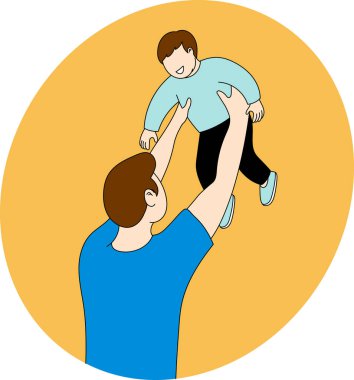 Bir babanın bebeğini kucağına alıp havada mutlu bir şekilde taşımasının vektör çizimi. Dikiz üstü aile sevgisi kavramı. Ebeveynlik, babalık, çocukluk ve aile yaşam tarzı temaları için mükemmel.