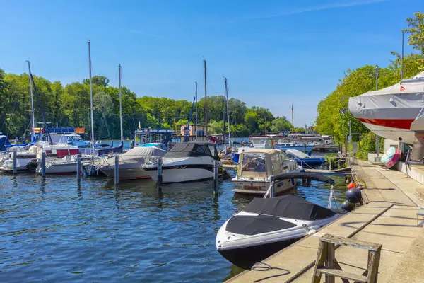 stock image Berlin water sports marina at the water sports center in Berlin Friedrichshagen / Koepenick on the Mggelseedamm Sailing yachts Motor yachts Marina Marina jetty on the Spree Berlin leisure on the banks of the Spree