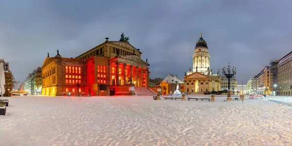 stock image Berlin historic architecture at Gendarmenmarkt: Deutscher Dom & Konzerthaus. A wintermorning in december with snow. romantic mood