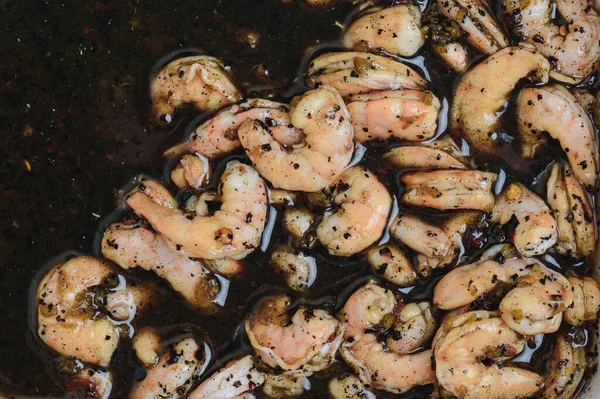 Black Shrimp Ceviche Mexican Seafood Dish Made Fresh Shrimp Chili — Stock Photo, Image