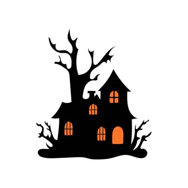 Perili ağaçlı perili ev Cadılar Bayramı vektör çizimi.