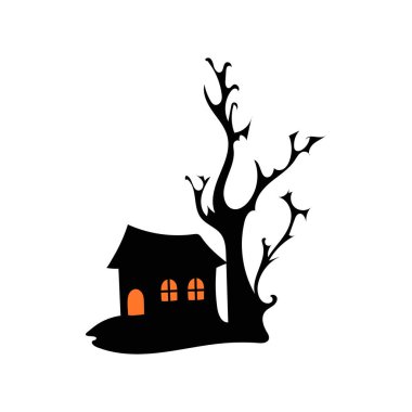Perili ağaçlı perili ev Cadılar Bayramı vektör çizimi.
