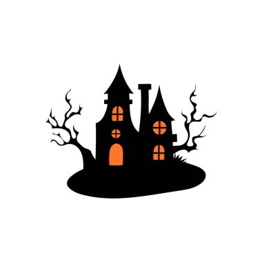 Perili ağaçlı perili ev Cadılar Bayramı vektör çizimi.