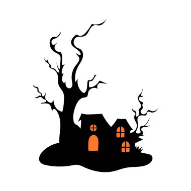 Perili ağaçlı perili ev Cadılar Bayramı vektör çizimi.