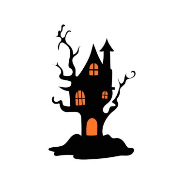 Perili ağaçlı perili ev Cadılar Bayramı vektör çizimi.