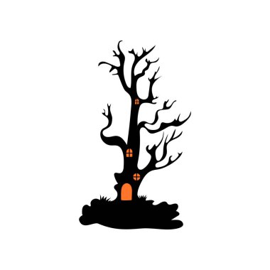 Perili ağaçlı perili ev Cadılar Bayramı vektör çizimi.