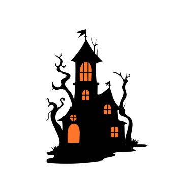 Perili ağaçlı perili ev Cadılar Bayramı vektör çizimi.