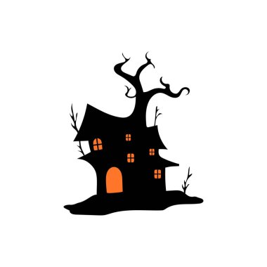 Perili ağaçlı perili ev Cadılar Bayramı vektör çizimi.