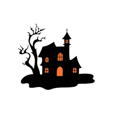 Perili ağaçlı perili ev Cadılar Bayramı vektör çizimi.