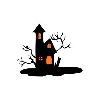 Perili ağaçlı perili ev Cadılar Bayramı vektör çizimi.